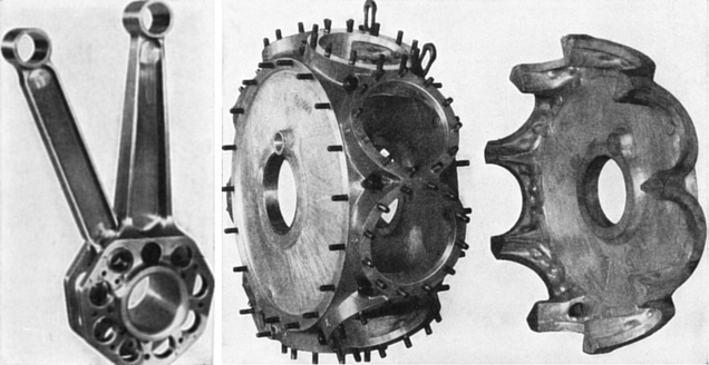 The one-piece master rod, with second link rod attached, and the two-piece crank case. (Author unknown, via)